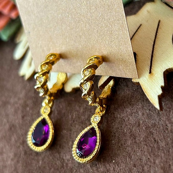 Vintage Gold Stamped Avon Amethyst Diamond Stud Earrings - Picture 5 of 7